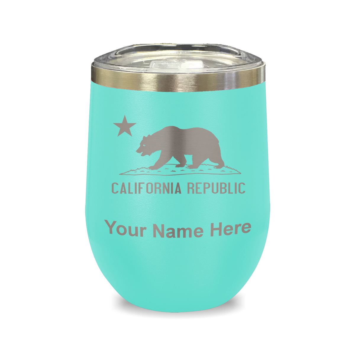LaserGram Double Wall Stainless Steel Wine Glass, California Republic Bear Flag, Personalized Engraving Included