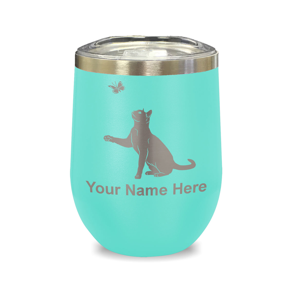 LaserGram Double Wall Stainless Steel Wine Glass, Cat with Butterfly, Personalized Engraving Included
