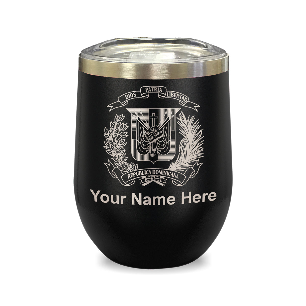 LaserGram Double Wall Stainless Steel Wine Glass, Coat of Arms Dominican Republic, Personalized Engraving Included