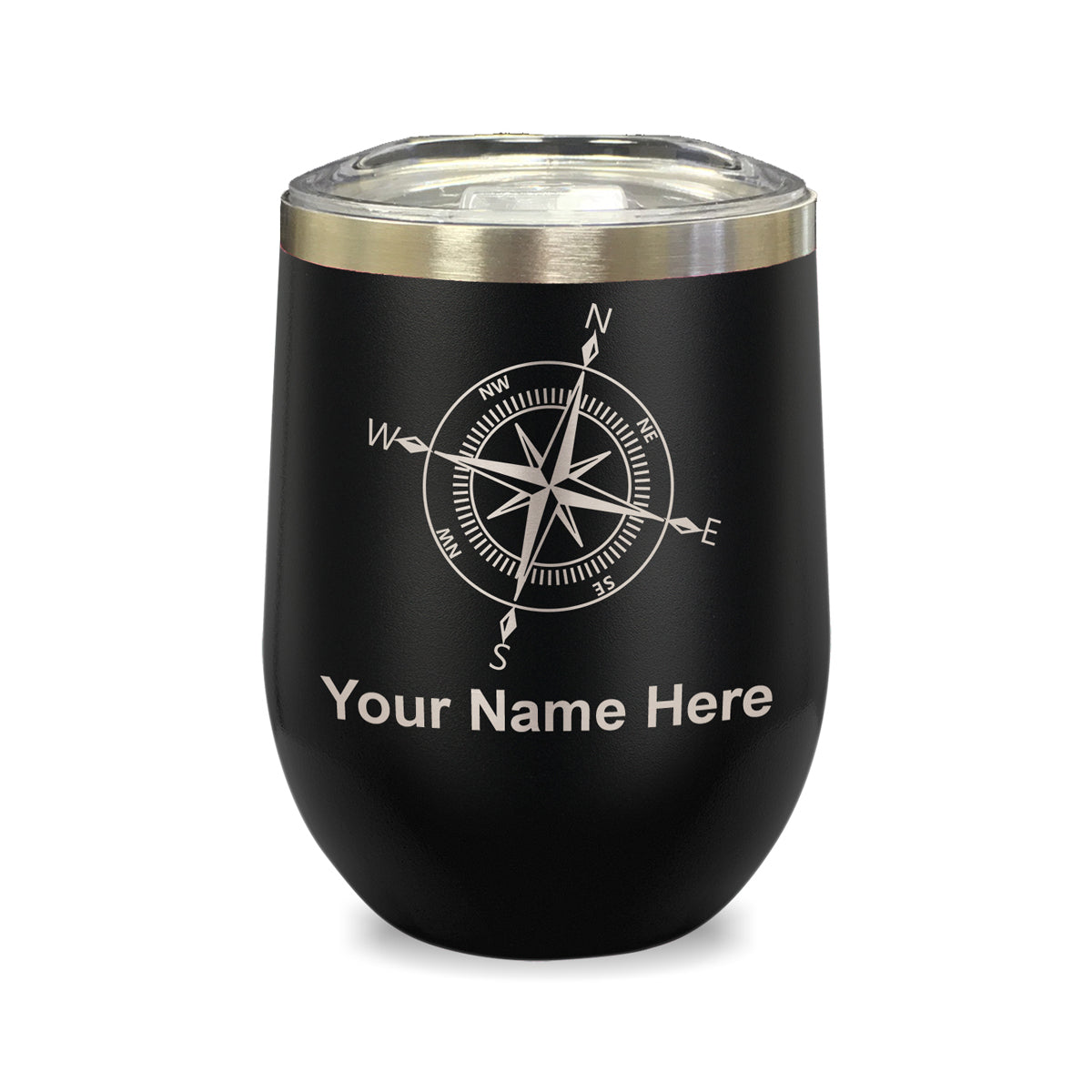 LaserGram Double Wall Stainless Steel Wine Glass, Compass Rose, Personalized Engraving Included
