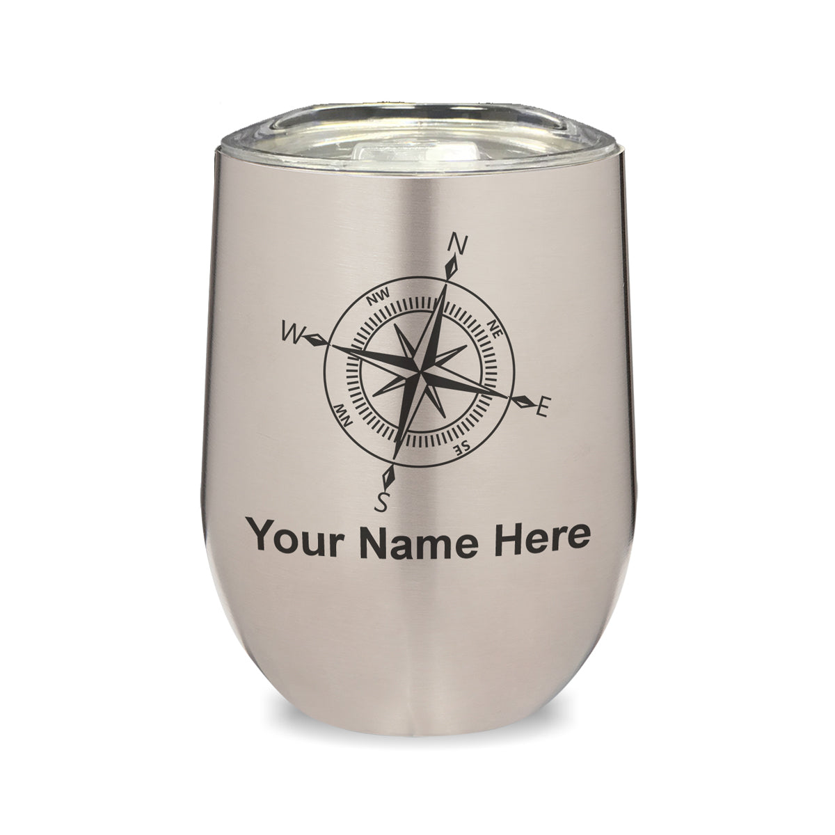 LaserGram Double Wall Stainless Steel Wine Glass, Compass Rose, Personalized Engraving Included