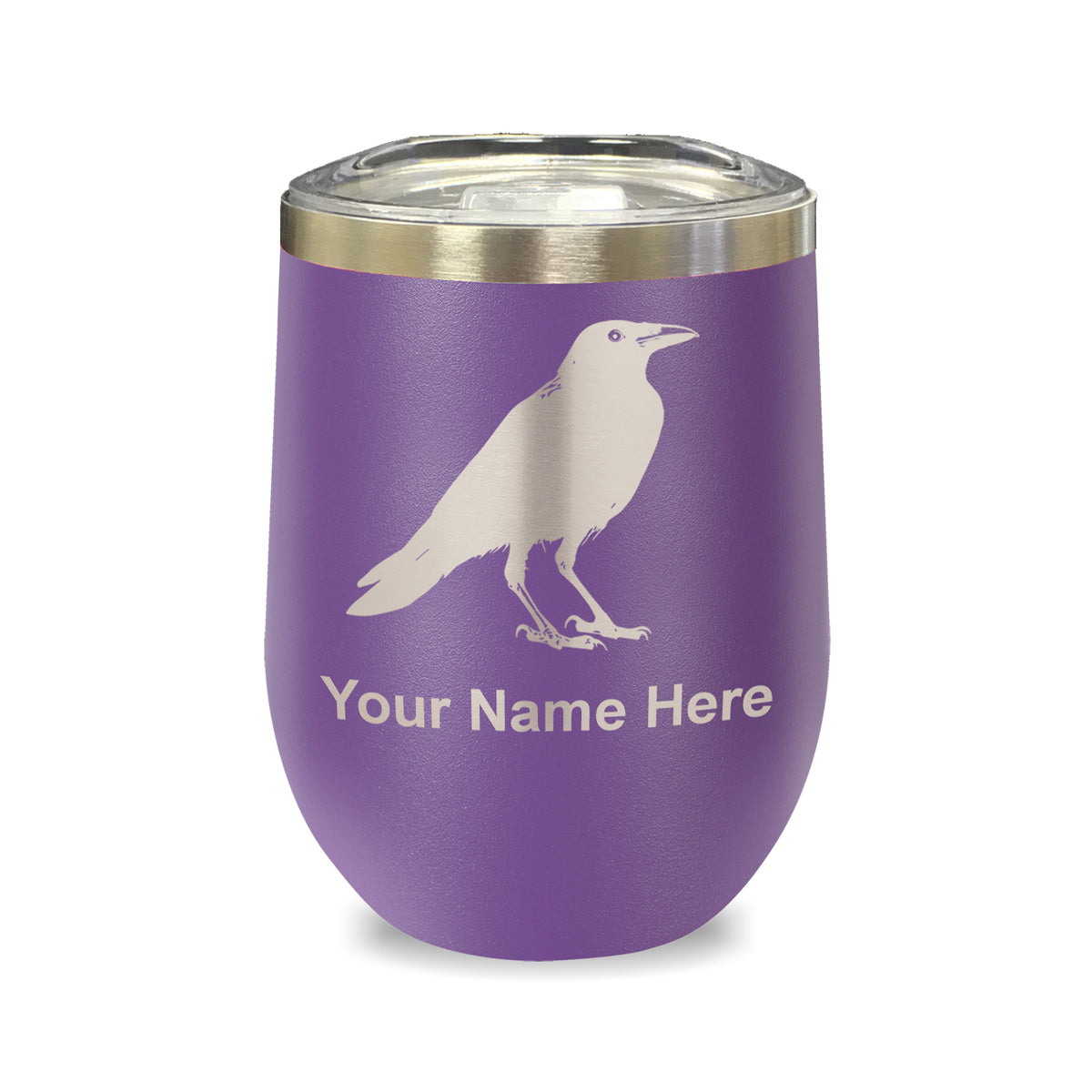 LaserGram Double Wall Stainless Steel Wine Glass, Crow, Personalized Engraving Included