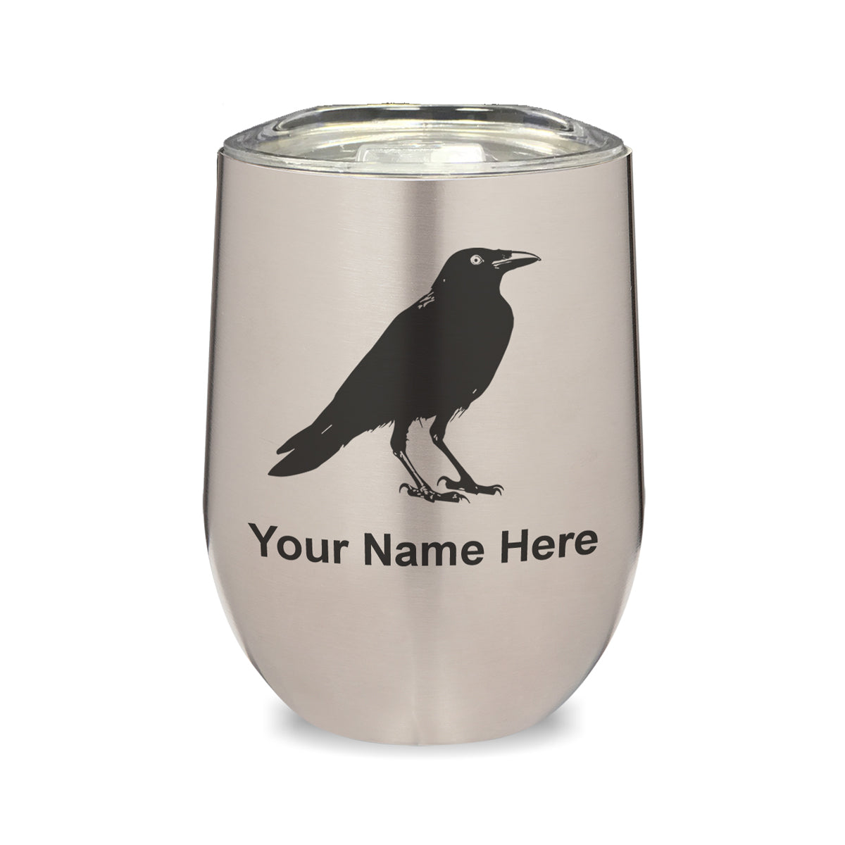 LaserGram Double Wall Stainless Steel Wine Glass, Crow, Personalized Engraving Included