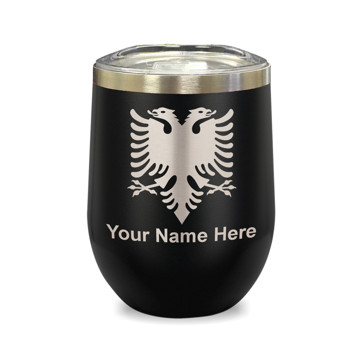 LaserGram Double Wall Stainless Steel Wine Glass, Flag of Albania, Personalized Engraving Included