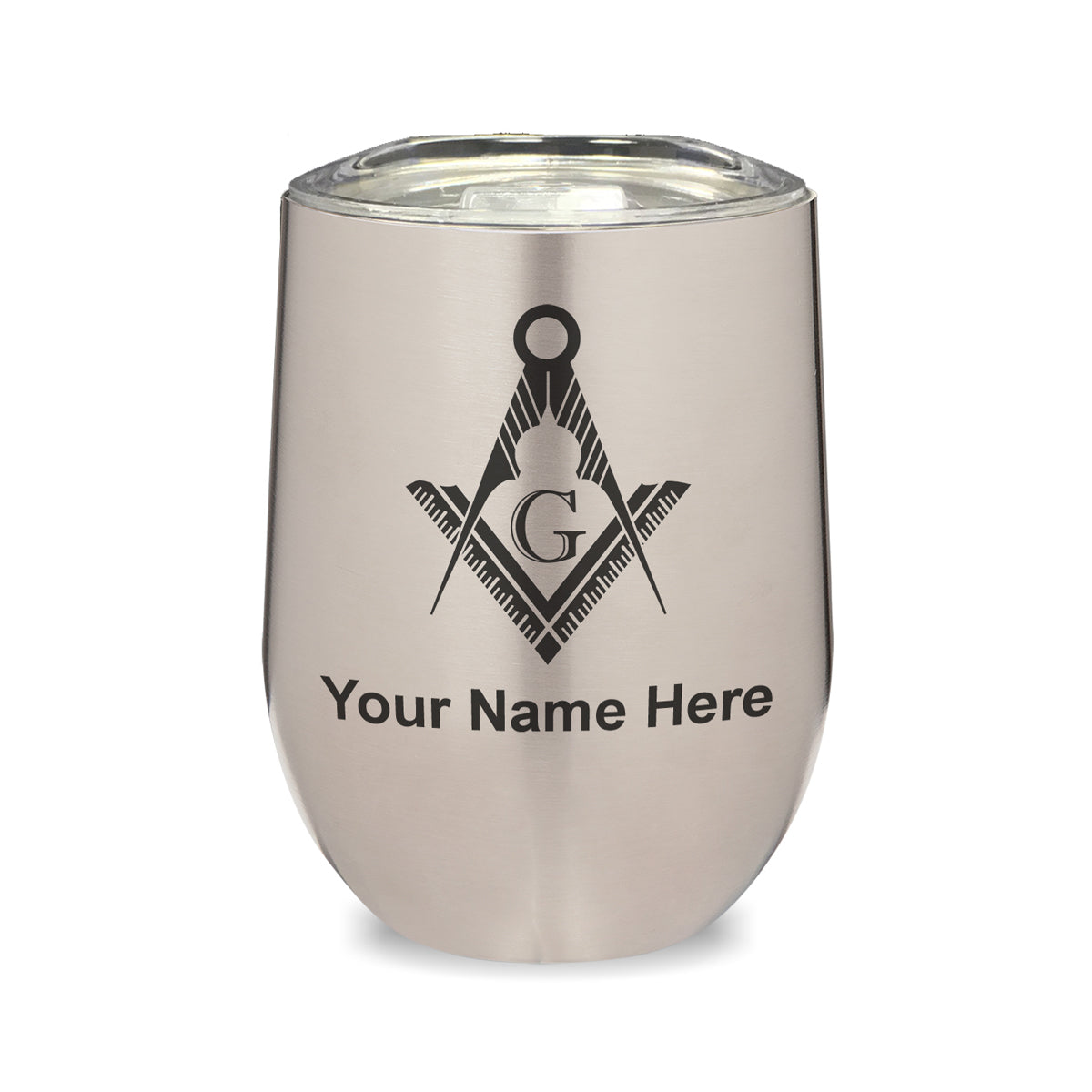 LaserGram Double Wall Stainless Steel Wine Glass, Freemason Symbol, Personalized Engraving Included