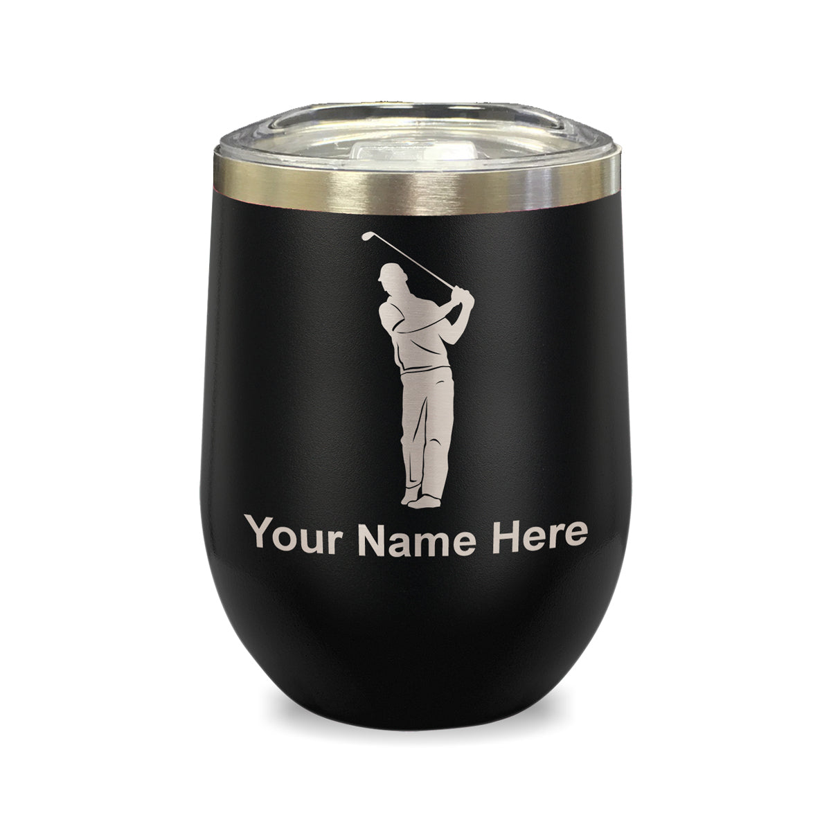 LaserGram Double Wall Stainless Steel Wine Glass, Golfer, Personalized Engraving Included