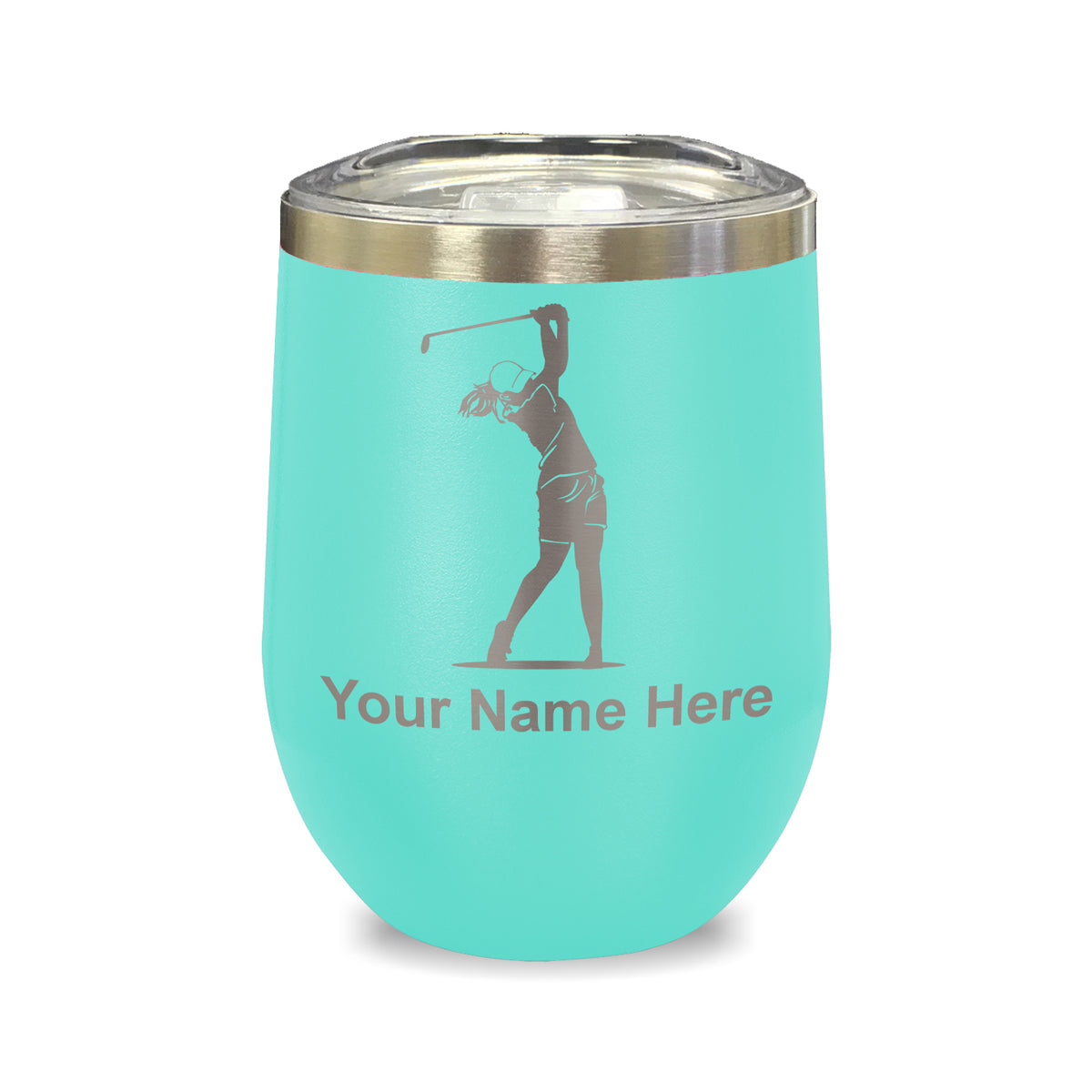 LaserGram Double Wall Stainless Steel Wine Glass, Golfer Woman, Personalized Engraving Included