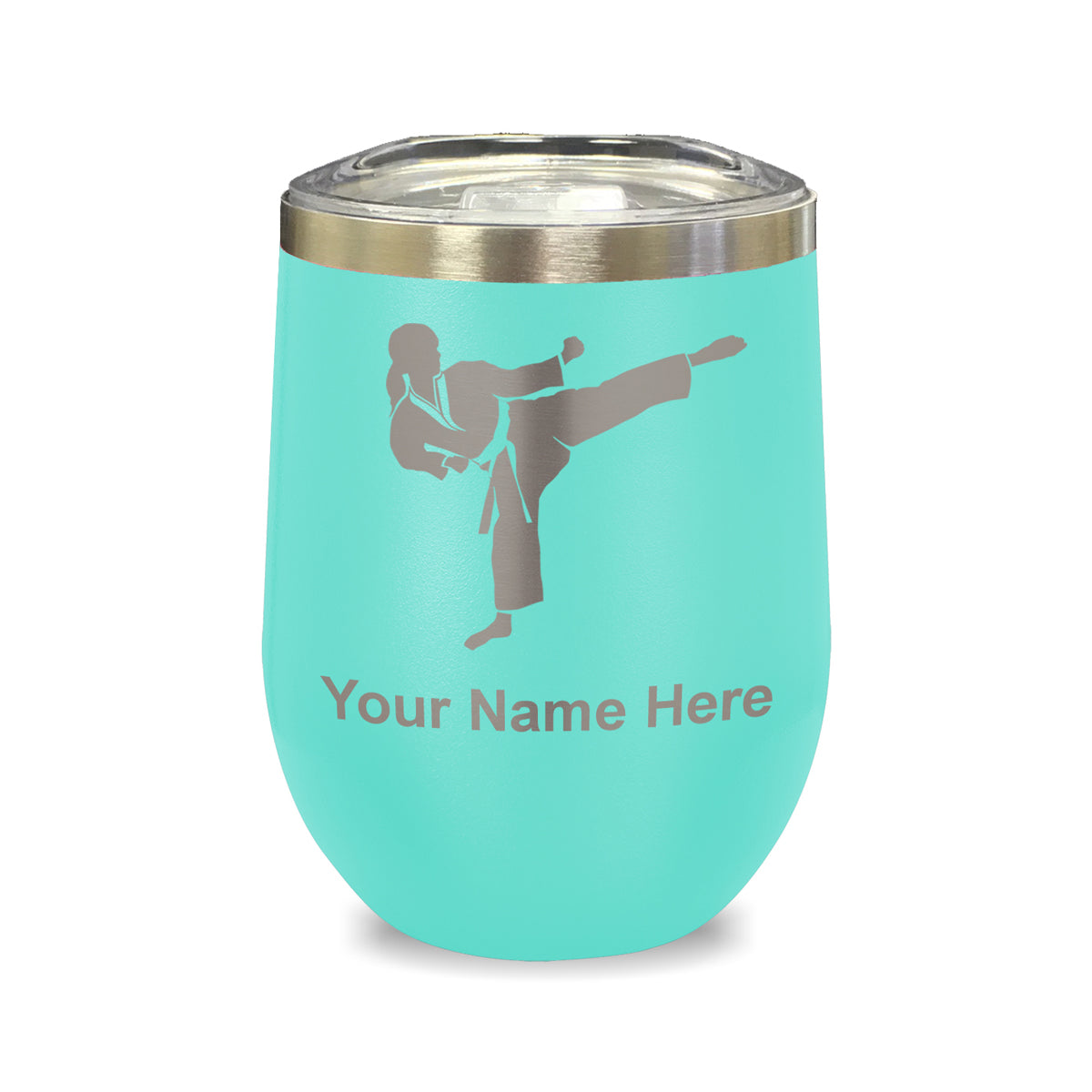 LaserGram Double Wall Stainless Steel Wine Glass, Karate Woman, Personalized Engraving Included