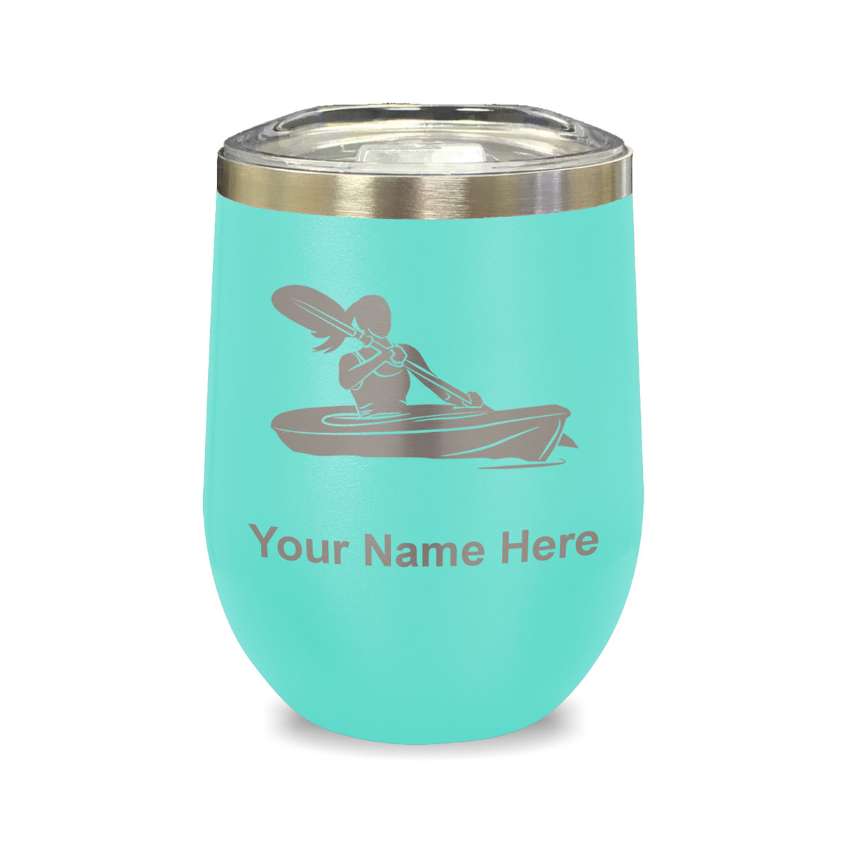 LaserGram Double Wall Stainless Steel Wine Glass, Kayak Woman, Personalized Engraving Included
