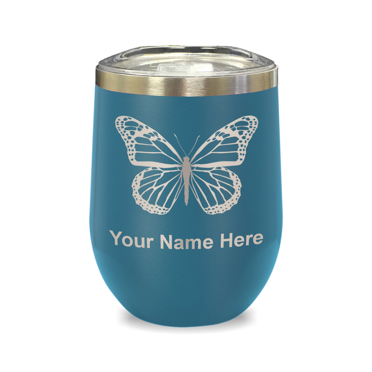 LaserGram Double Wall Stainless Steel Wine Glass, Monarch Butterfly, Personalized Engraving Included