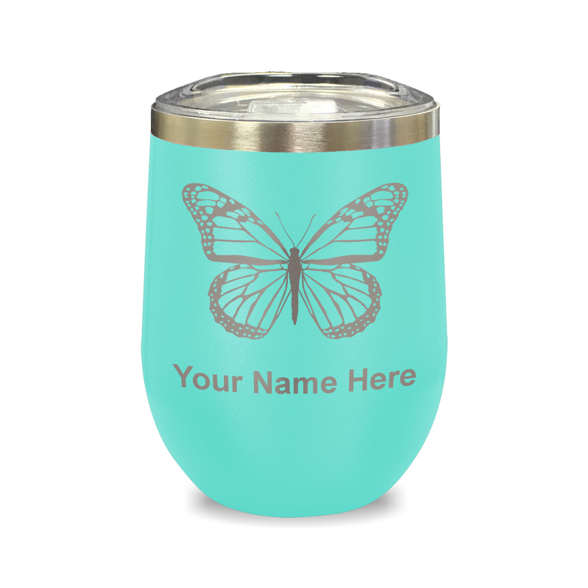 LaserGram Double Wall Stainless Steel Wine Glass, Monarch Butterfly, Personalized Engraving Included