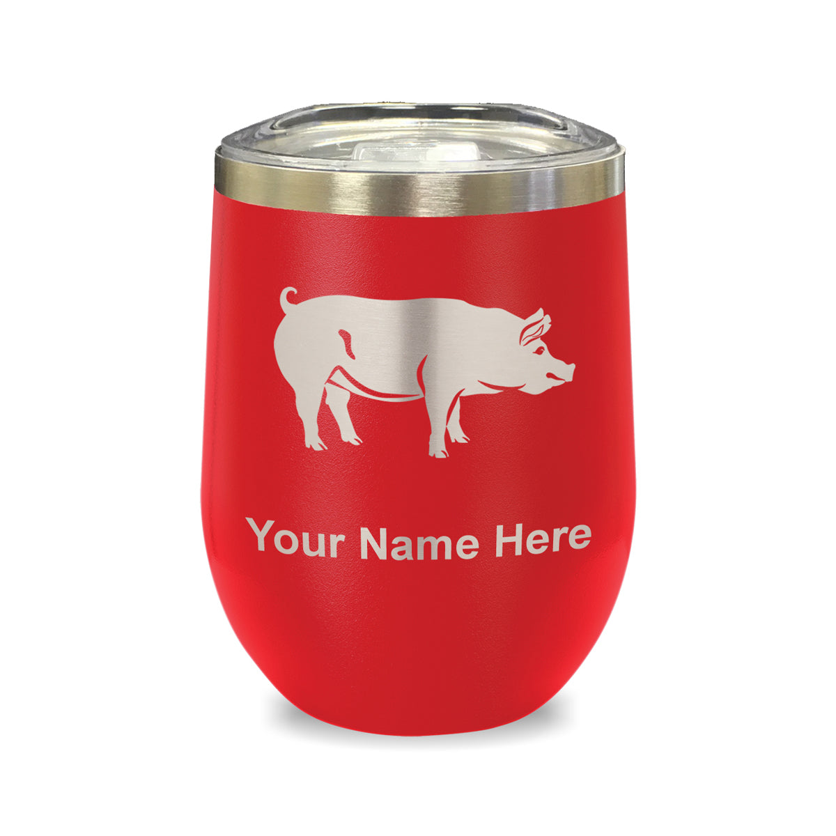 LaserGram Double Wall Stainless Steel Wine Glass, Pig, Personalized Engraving Included