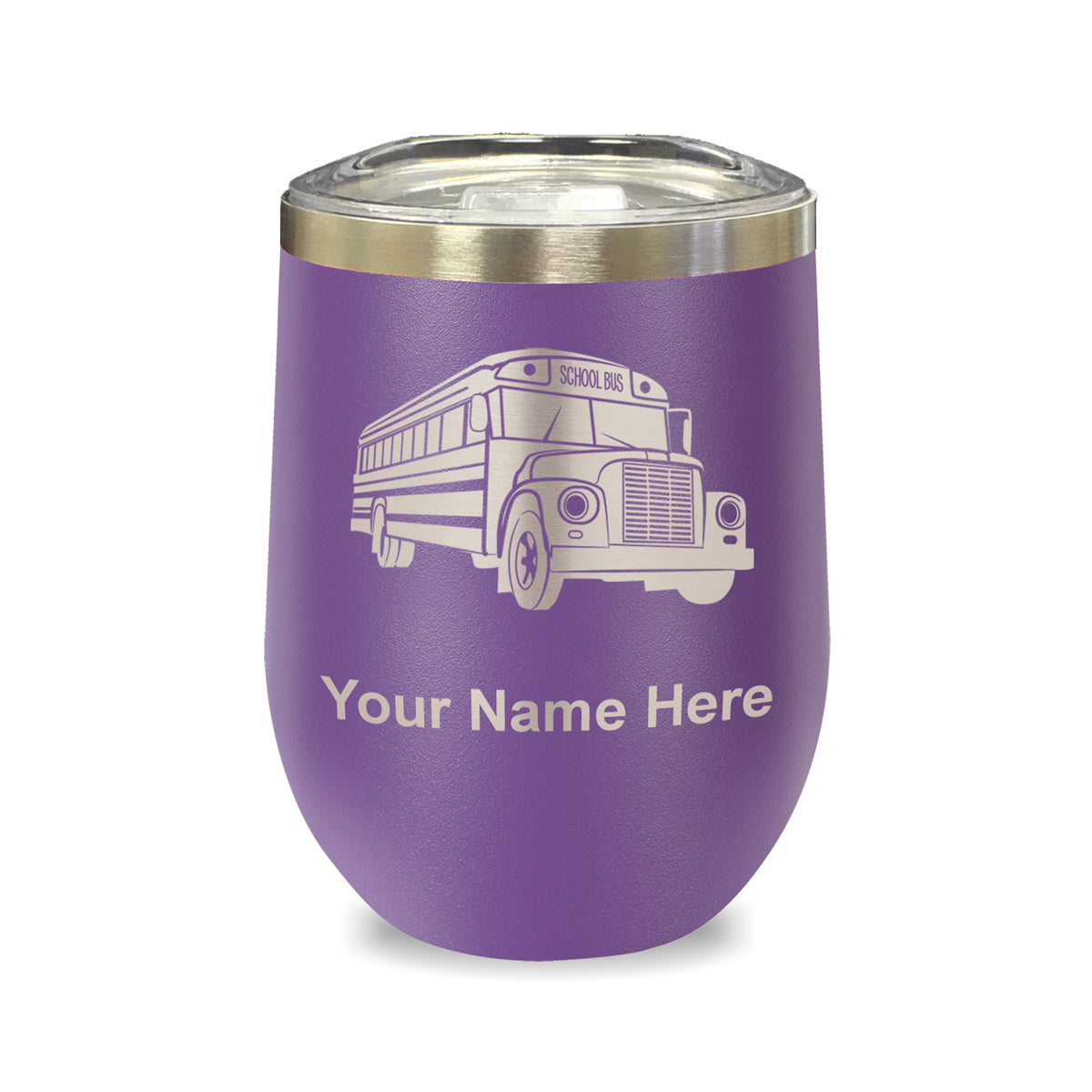 LaserGram Double Wall Stainless Steel Wine Glass, School Bus, Personalized Engraving Included