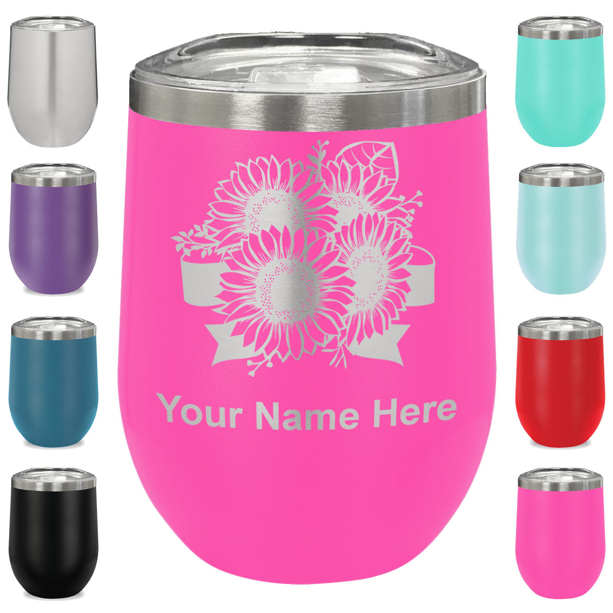 LaserGram Double Wall Stainless Steel Wine Glass, Sunflowers, Personalized Engraving Included