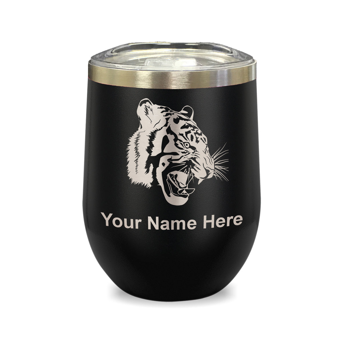 LaserGram Double Wall Stainless Steel Wine Glass, Tiger Head, Personalized Engraving Included