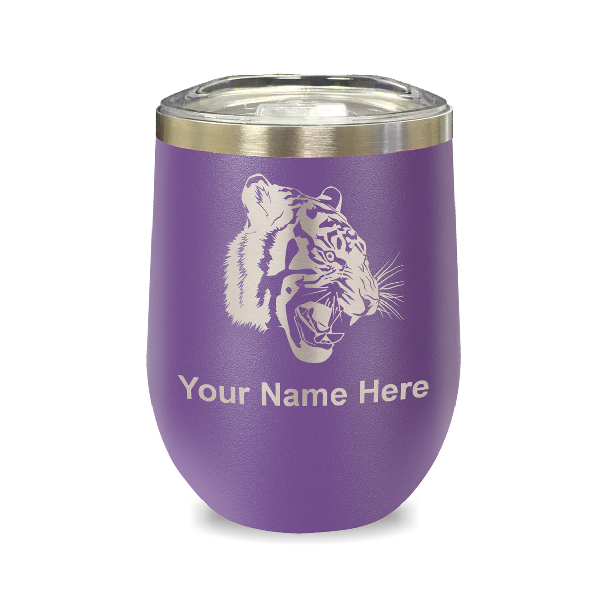 LaserGram Double Wall Stainless Steel Wine Glass, Tiger Head, Personalized Engraving Included