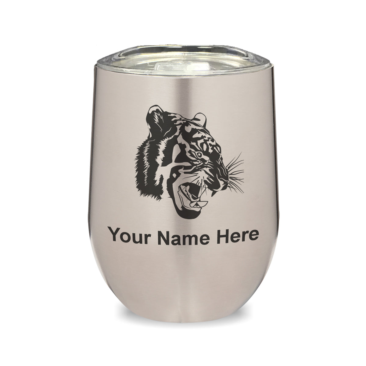 LaserGram Double Wall Stainless Steel Wine Glass, Tiger Head, Personalized Engraving Included