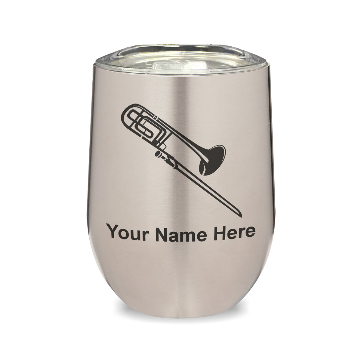 LaserGram Double Wall Stainless Steel Wine Glass, Trombone, Personalized Engraving Included