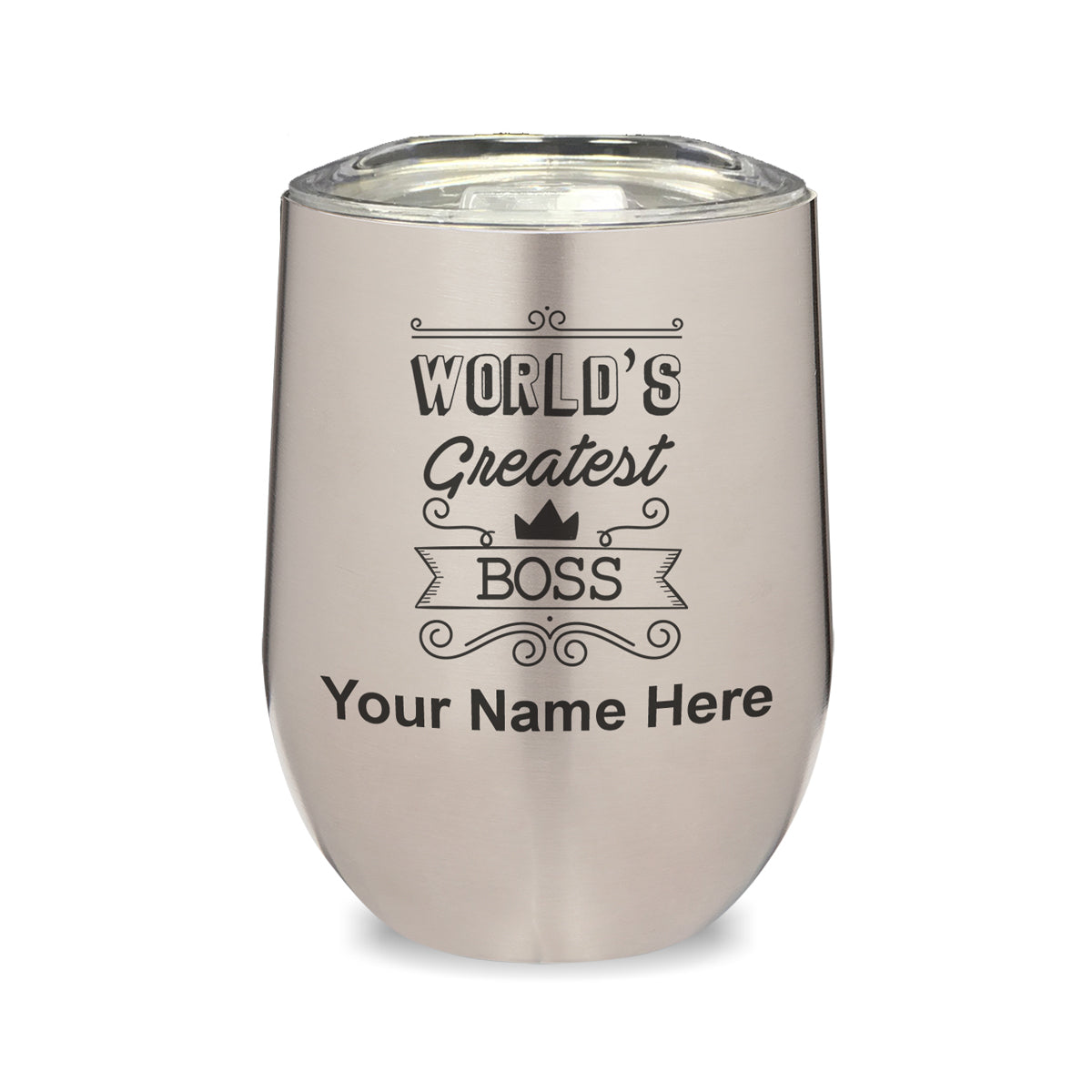 LaserGram Double Wall Stainless Steel Wine Glass, World's Greatest Boss, Personalized Engraving Included