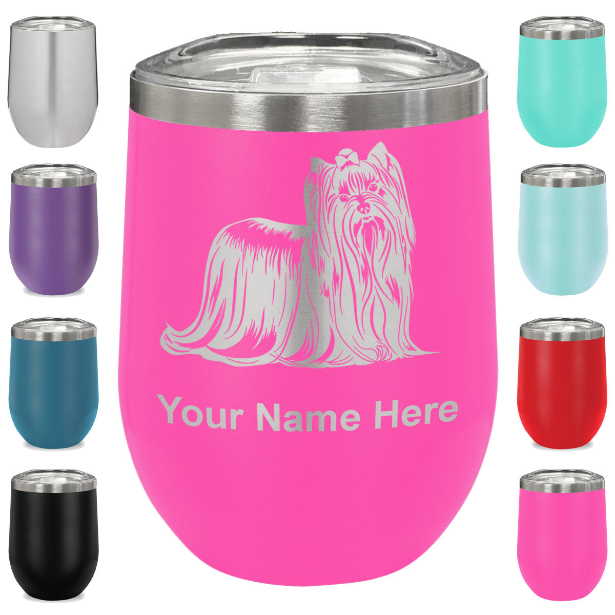 LaserGram Double Wall Stainless Steel Wine Glass, Yorkshire Terrier Dog, Personalized Engraving Included
