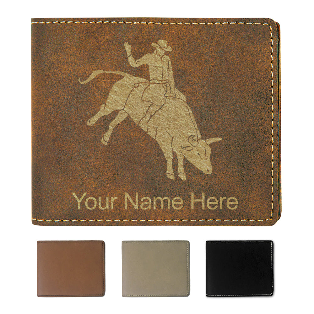 Faux Leather Bi-Fold Wallet, Bull Rider Cowboy, Personalized Engraving Included