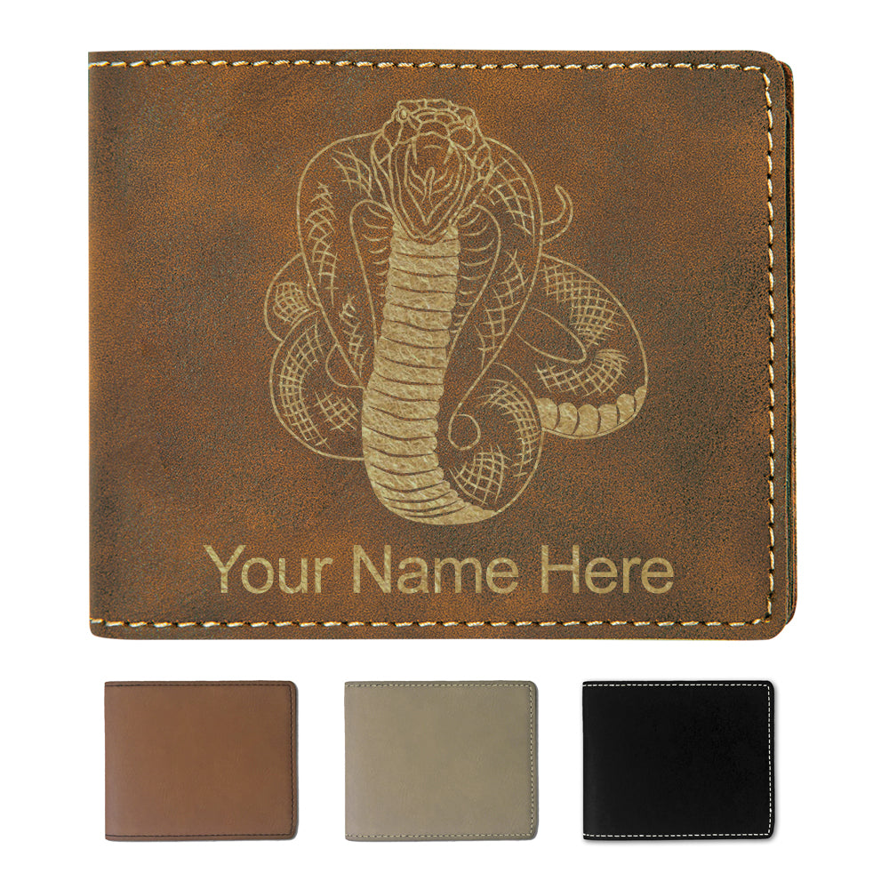 Faux Leather Bi-Fold Wallet, Cobra Snake, Personalized Engraving Included