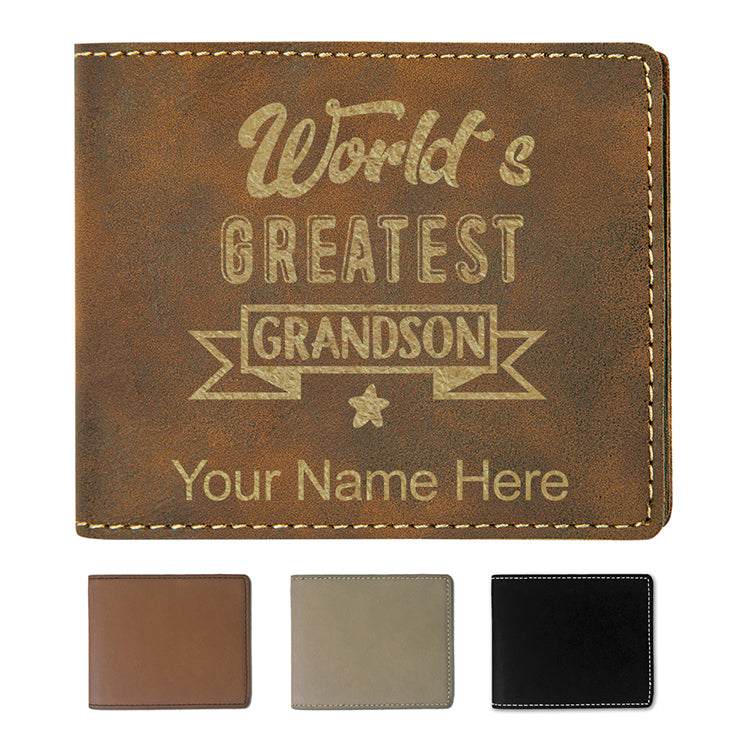 Faux Leather Bi-Fold Wallet, World's Greatest Grandson, Personalized Engraving Included