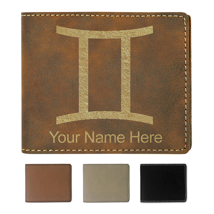 Faux Leather Bi-Fold Wallet, Zodiac Sign Gemini, Personalized Engraving Included