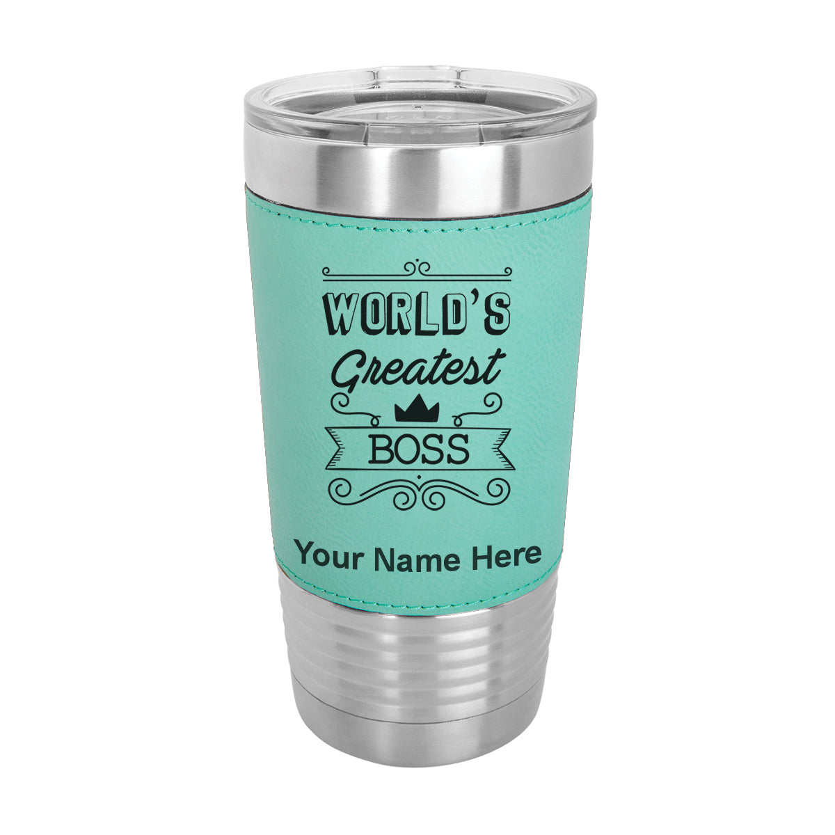 20oz Faux Leather Tumbler Mug, World's Greatest Boss, Personalized Engraving Included