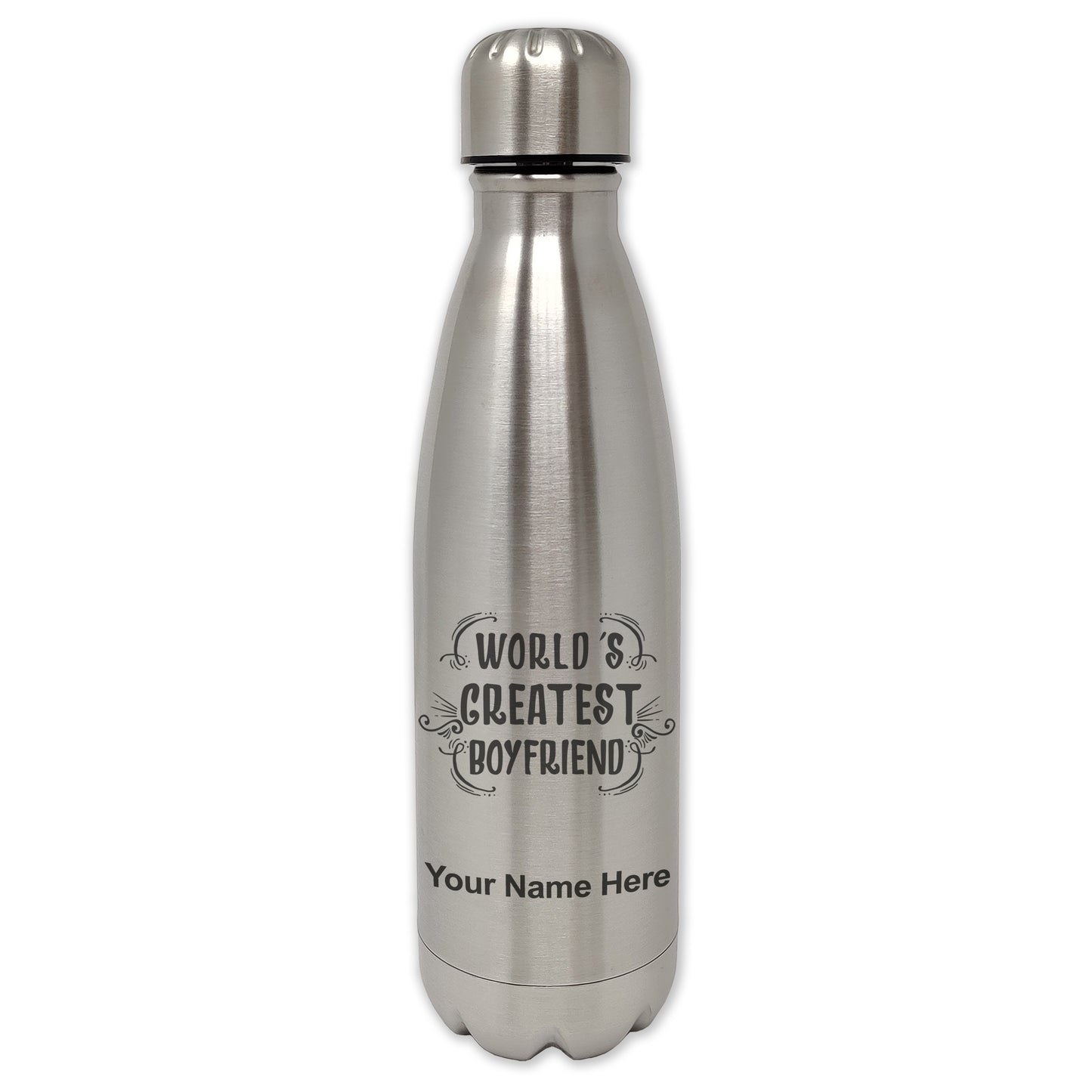LaserGram Single Wall Water Bottle, World's Greatest Boyfriend, Personalized Engraving Included