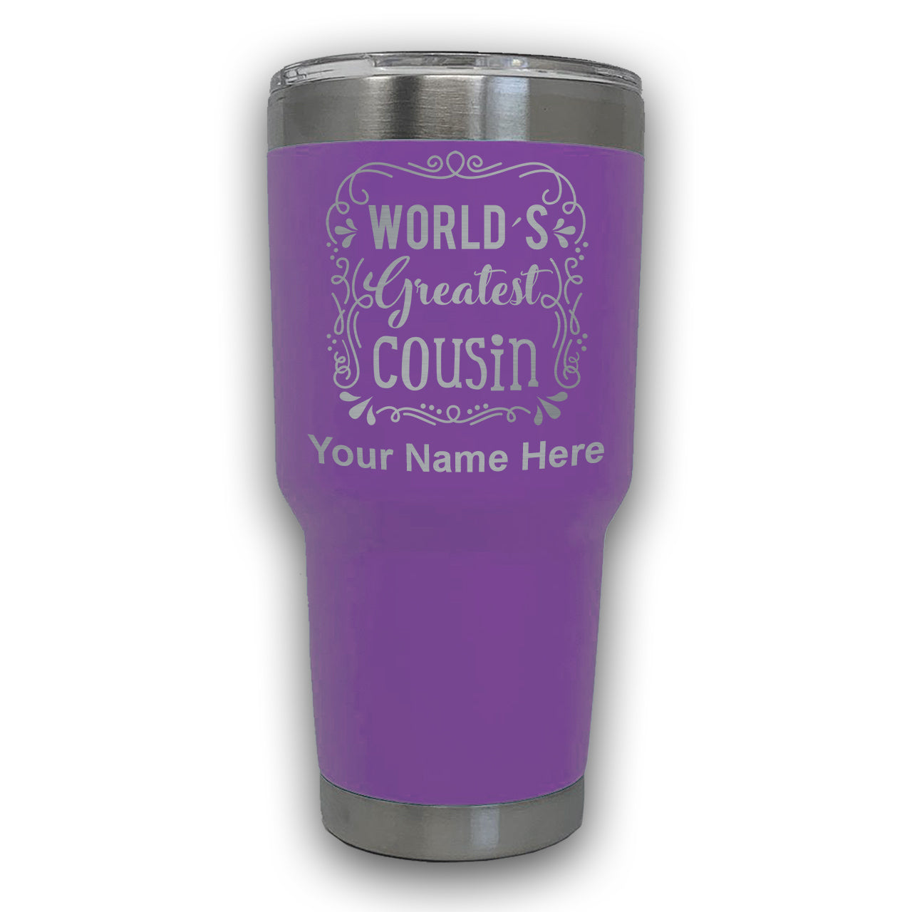 LaserGram 30oz Tumbler Mug, World's Greatest Cousin, Personalized Engraving Included