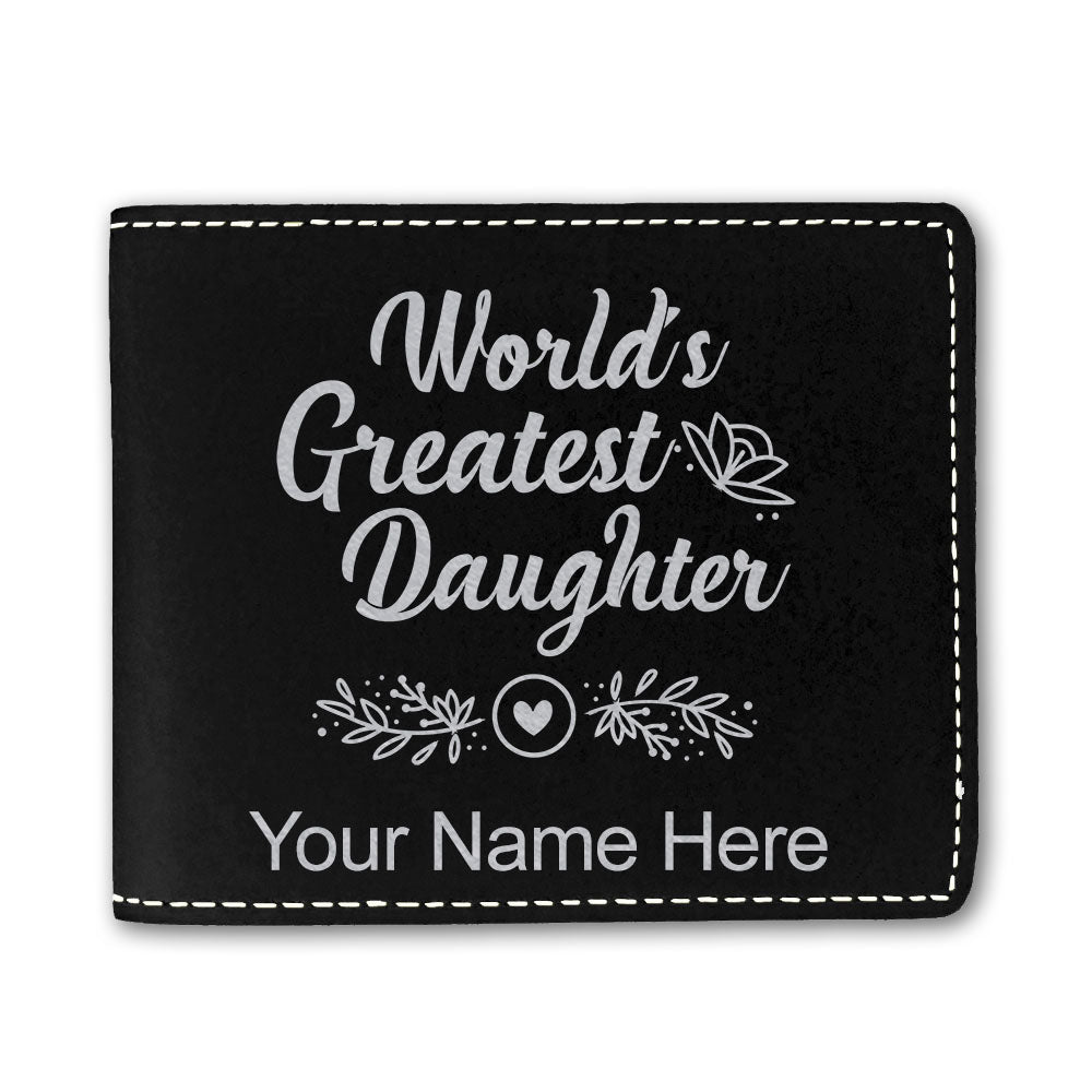 Faux Leather Bi-Fold Wallet, World's Greatest Daughter, Personalized Engraving Included