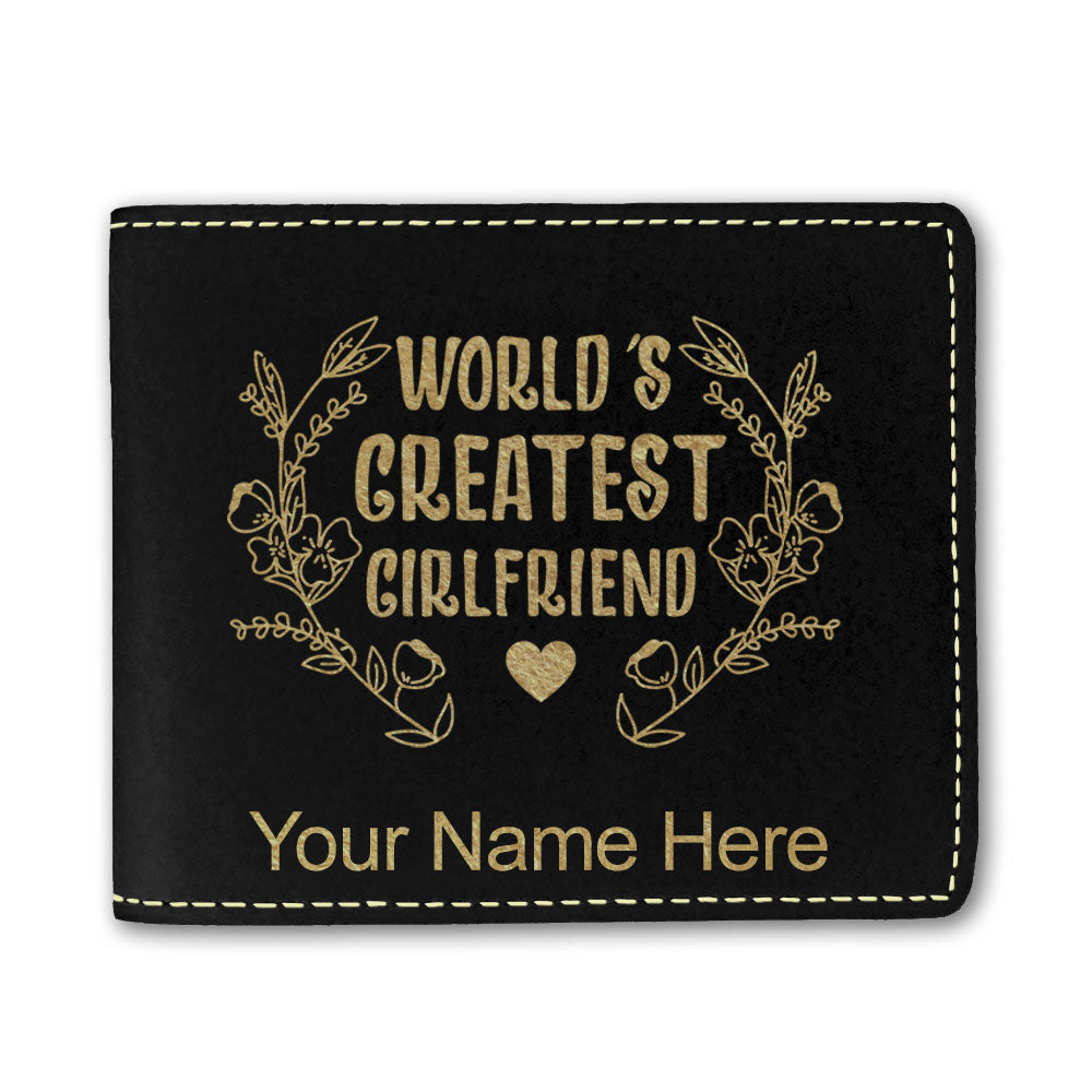 Faux Leather Bi-Fold Wallet, World's Greatest Girlfriend, Personalized Engraving Included