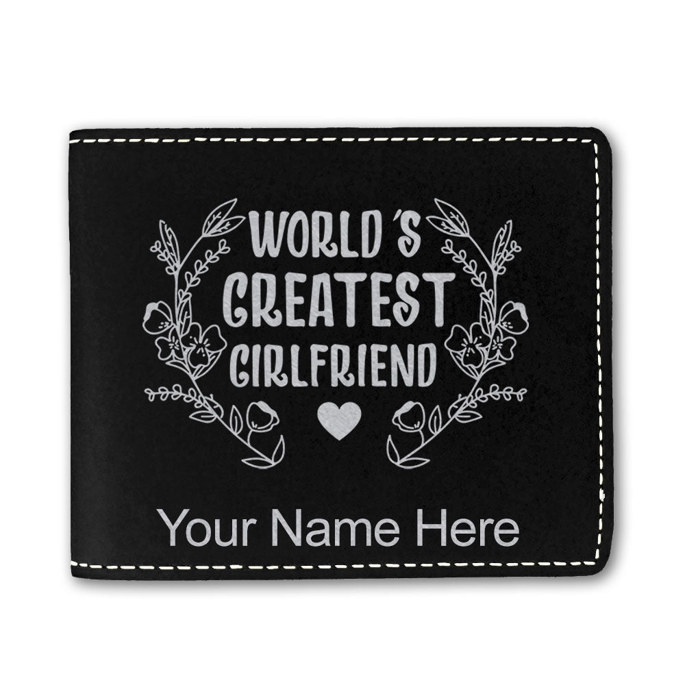 Faux Leather Bi-Fold Wallet, World's Greatest Girlfriend, Personalized Engraving Included