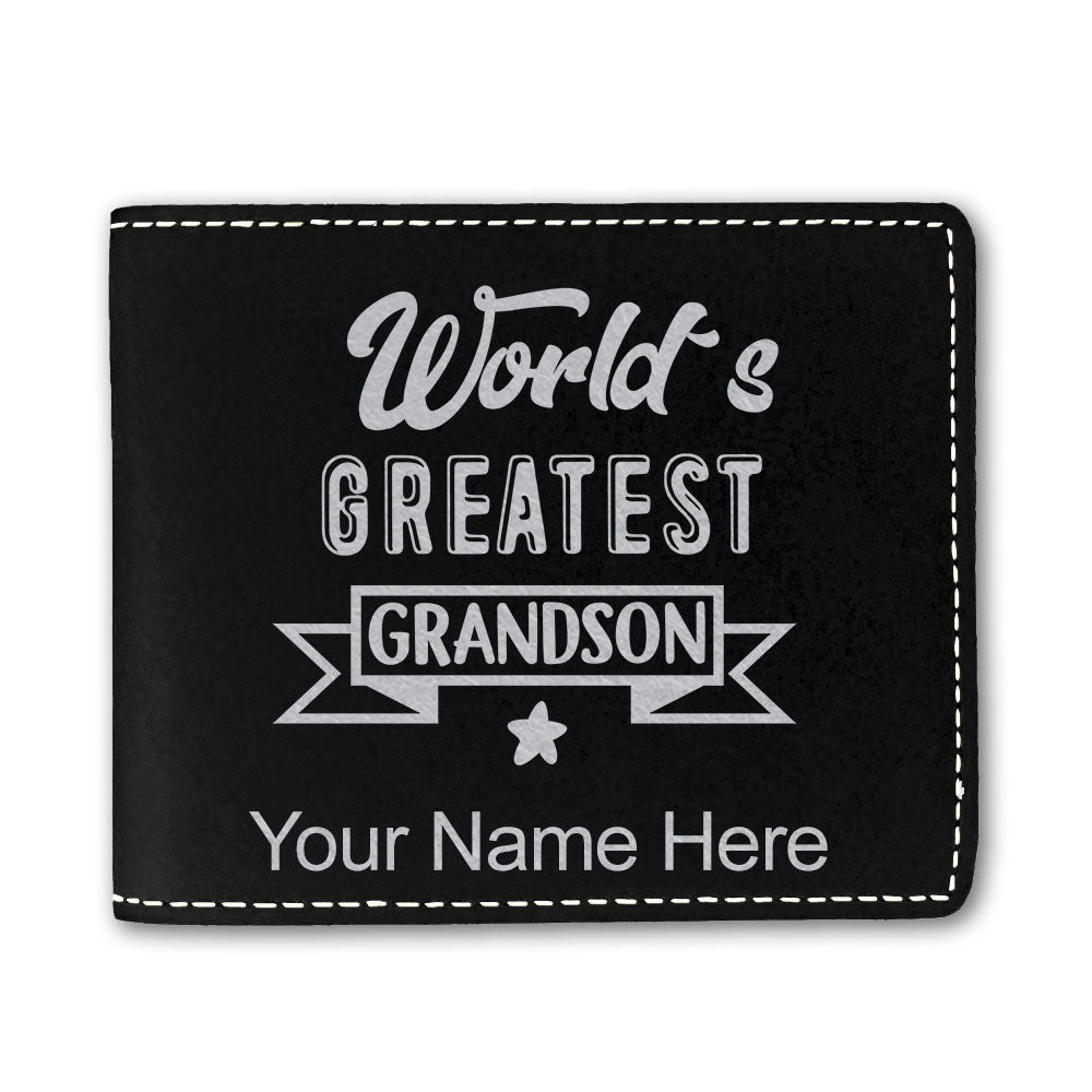 Faux Leather Bi-Fold Wallet, World's Greatest Grandson, Personalized Engraving Included