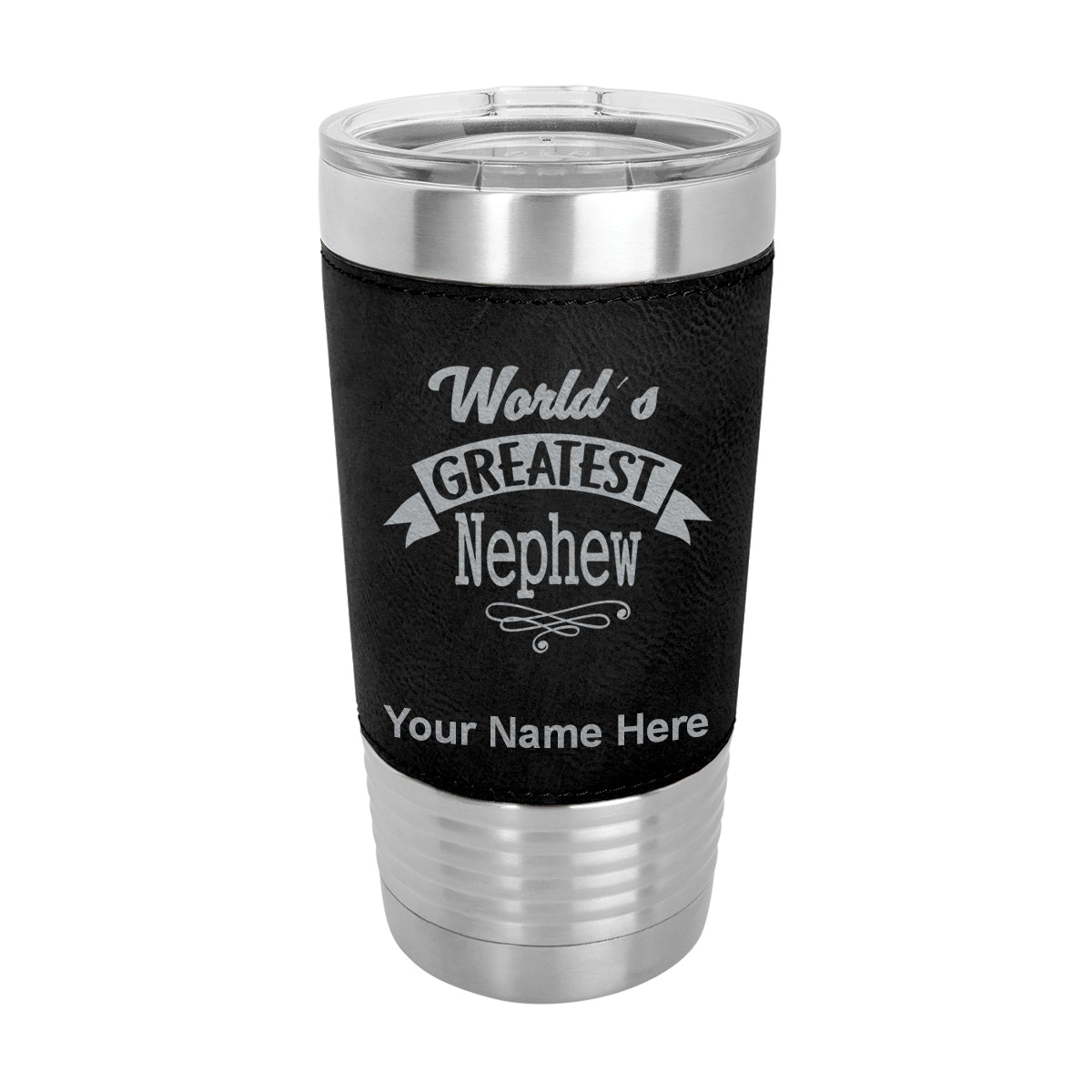 20oz Faux Leather Tumbler Mug, World's Greatest Nephew, Personalized Engraving Included