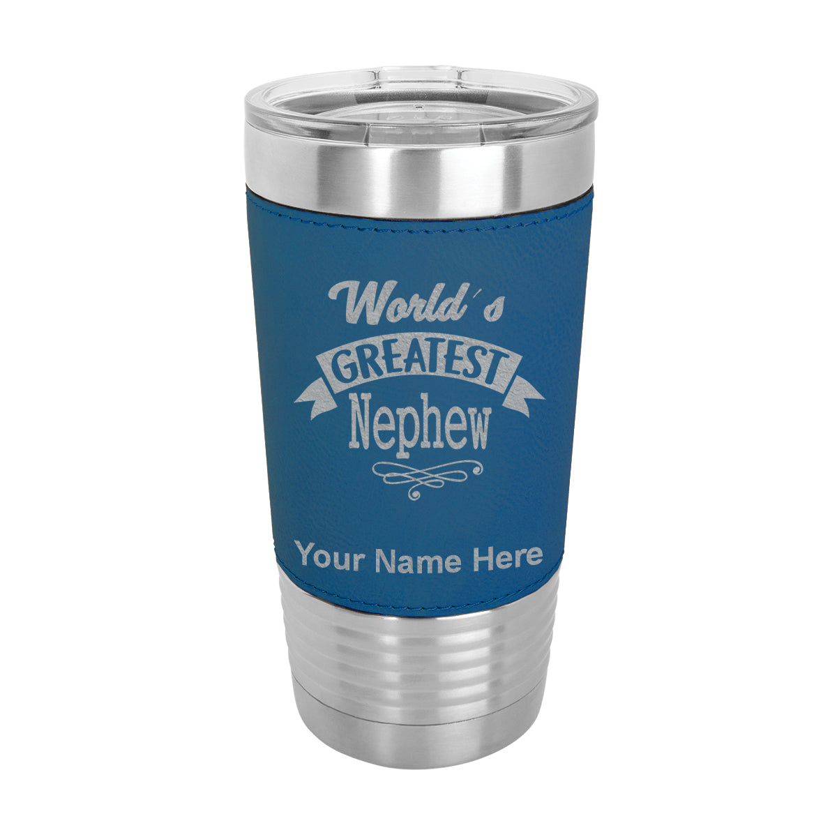 20oz Faux Leather Tumbler Mug, World's Greatest Nephew, Personalized Engraving Included