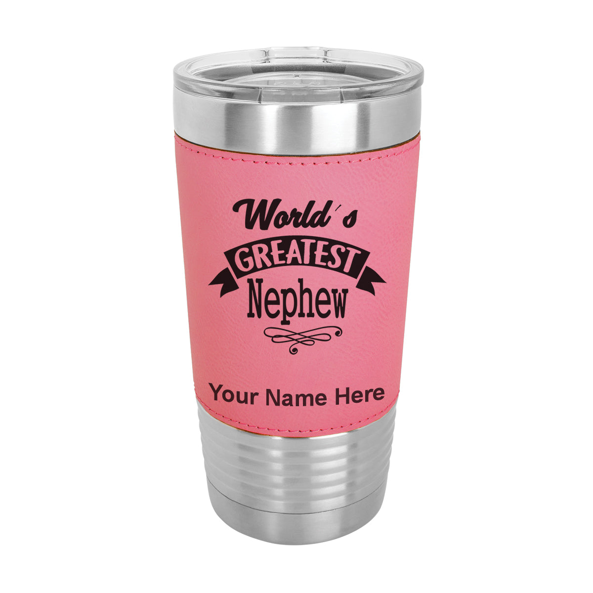 20oz Faux Leather Tumbler Mug, World's Greatest Nephew, Personalized Engraving Included