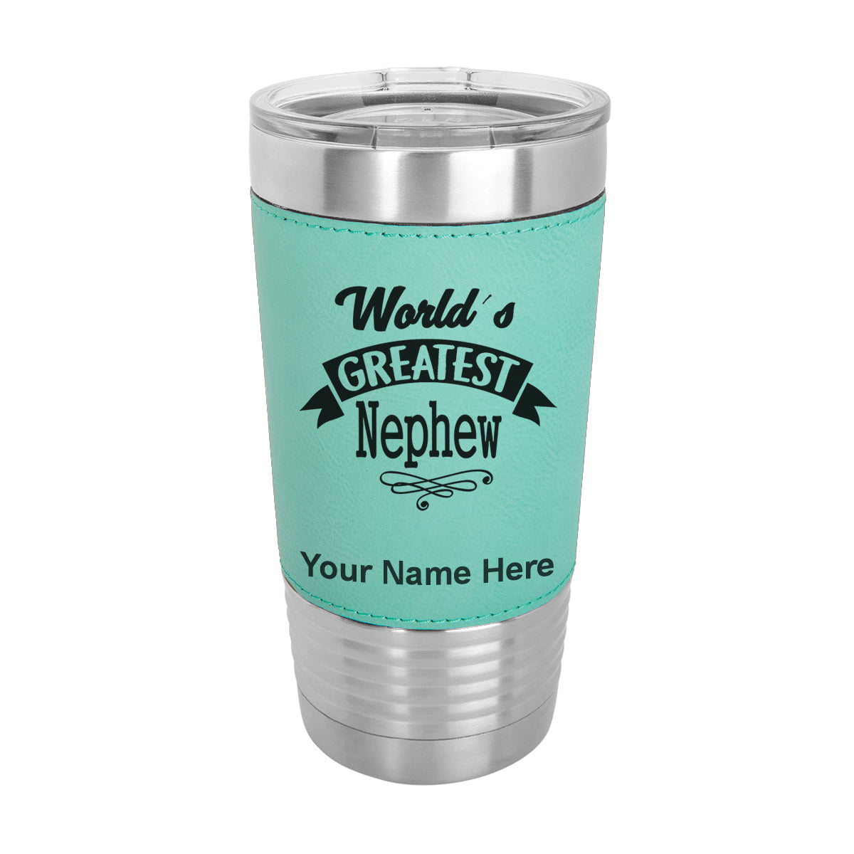 20oz Faux Leather Tumbler Mug, World's Greatest Nephew, Personalized Engraving Included