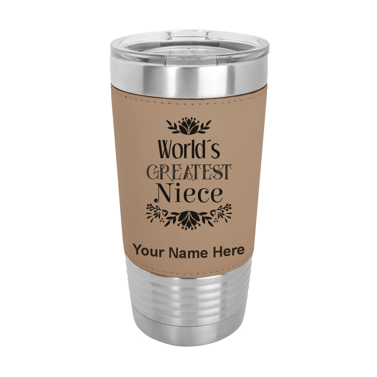 20oz Faux Leather Tumbler Mug, World's Greatest Niece, Personalized Engraving Included