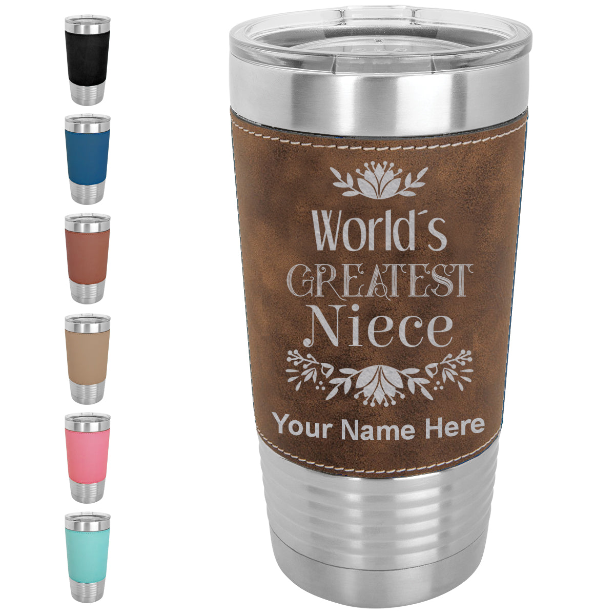 20oz Faux Leather Tumbler Mug, World's Greatest Niece, Personalized Engraving Included