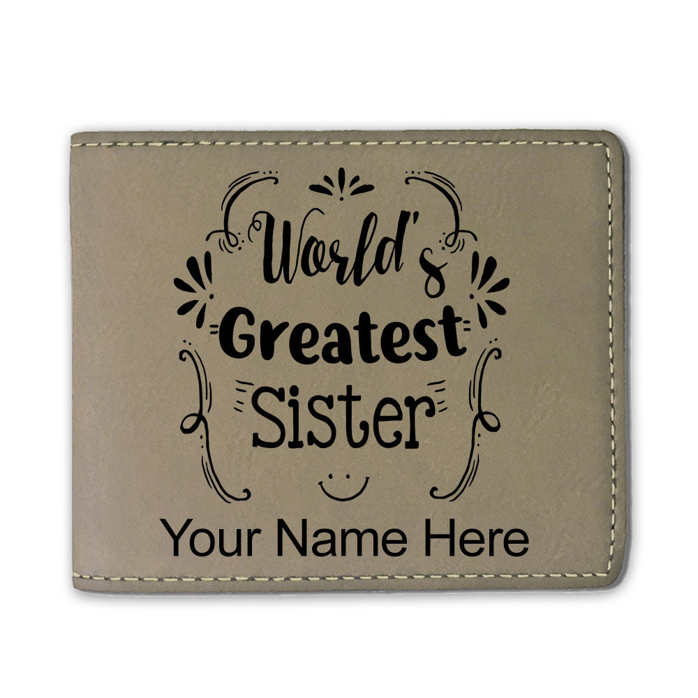 Faux Leather Bi-Fold Wallet, World's Greatest Sister, Personalized Engraving Included