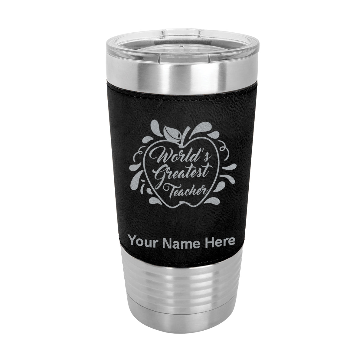 20oz Faux Leather Tumbler Mug, World's Greatest Teacher, Personalized Engraving Included