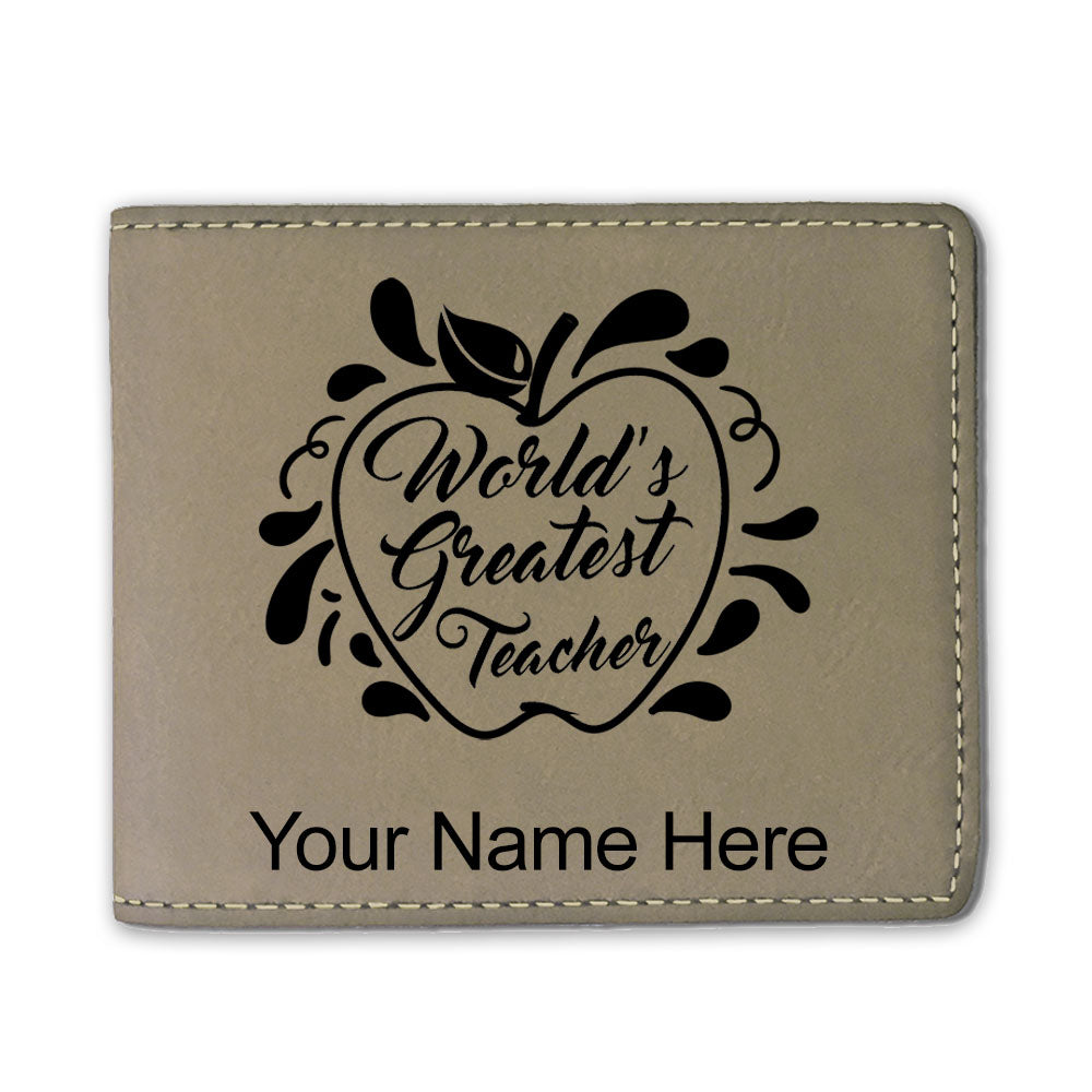 Faux Leather Bi-Fold Wallet, World's Greatest Teacher, Personalized Engraving Included
