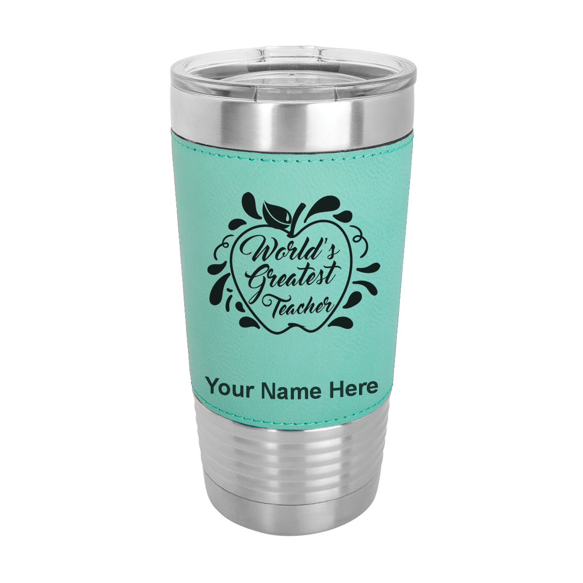 20oz Faux Leather Tumbler Mug, World's Greatest Teacher, Personalized Engraving Included