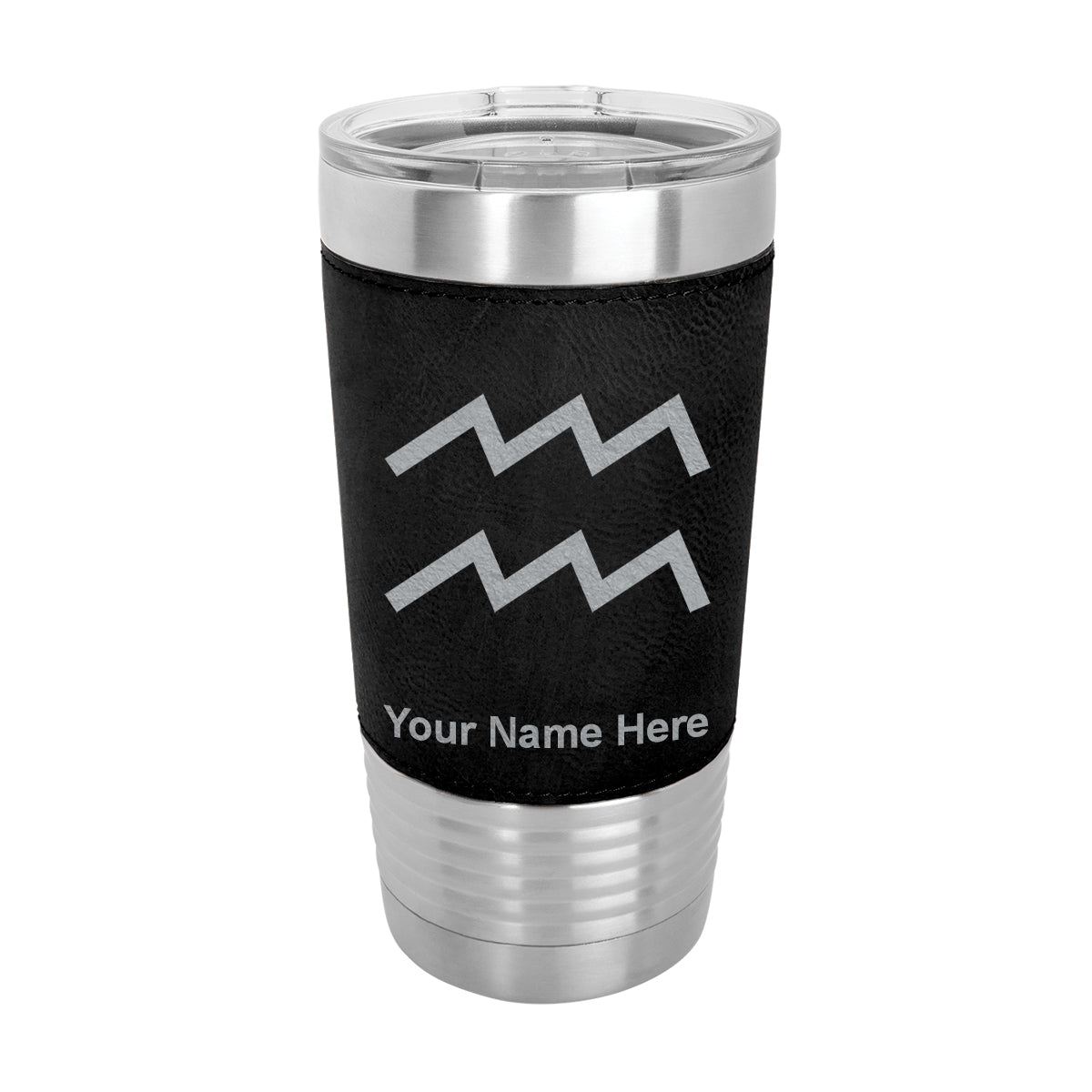 20oz Faux Leather Tumbler Mug, Zodiac Sign Aquarius, Personalized Engraving Included