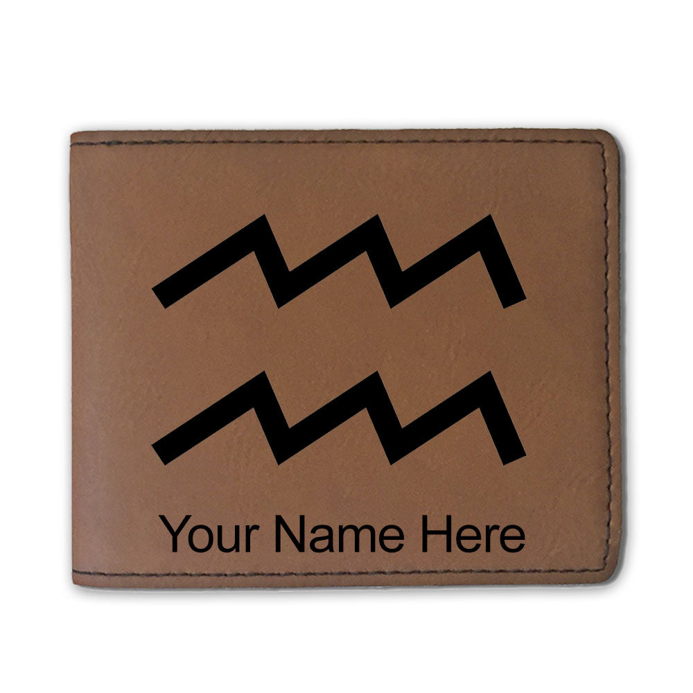 Faux Leather Bi-Fold Wallet, Zodiac Sign Aquarius, Personalized Engraving Included