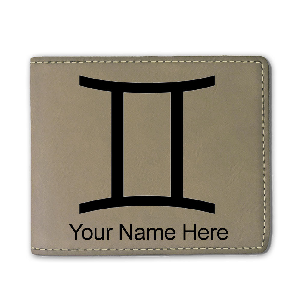 Faux Leather Bi-Fold Wallet, Zodiac Sign Gemini, Personalized Engraving Included