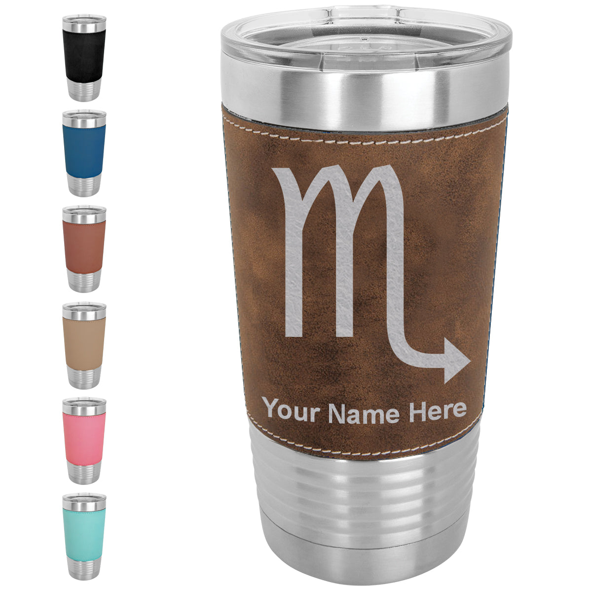 20oz Faux Leather Tumbler Mug, Zodiac Sign Scorpio, Personalized Engraving Included