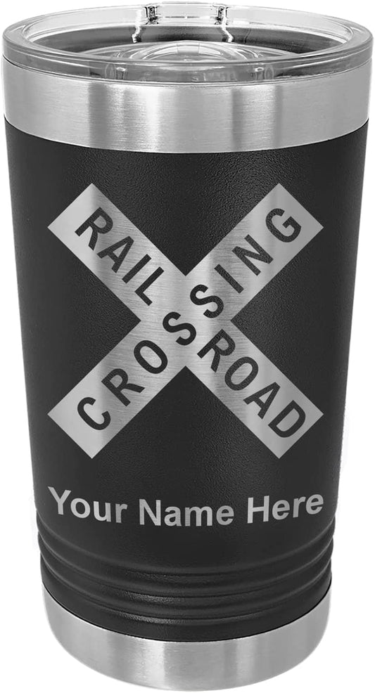 LaserGram 16oz Vacuum Insulated Pint Tumbler, Railroad Crossing Sign 1, Personalized Engraving Included (Black)